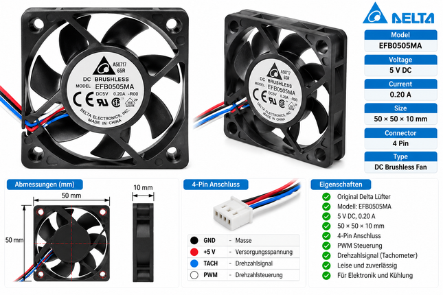 Delta EFB0505MA 5V 0,2A Lüfter 50x50x10mm 4-Pin Server Fan