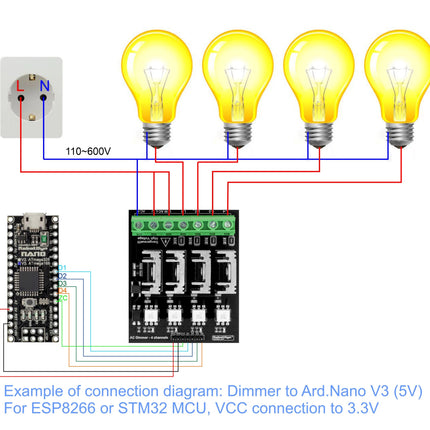 4 channel light and motor AC dimmer module, for 3.3 V/5V logic, AC 50/60h 250V